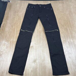 Mens Black Distressed Zippers Stretch Goth Punk Jeans Size 31x32